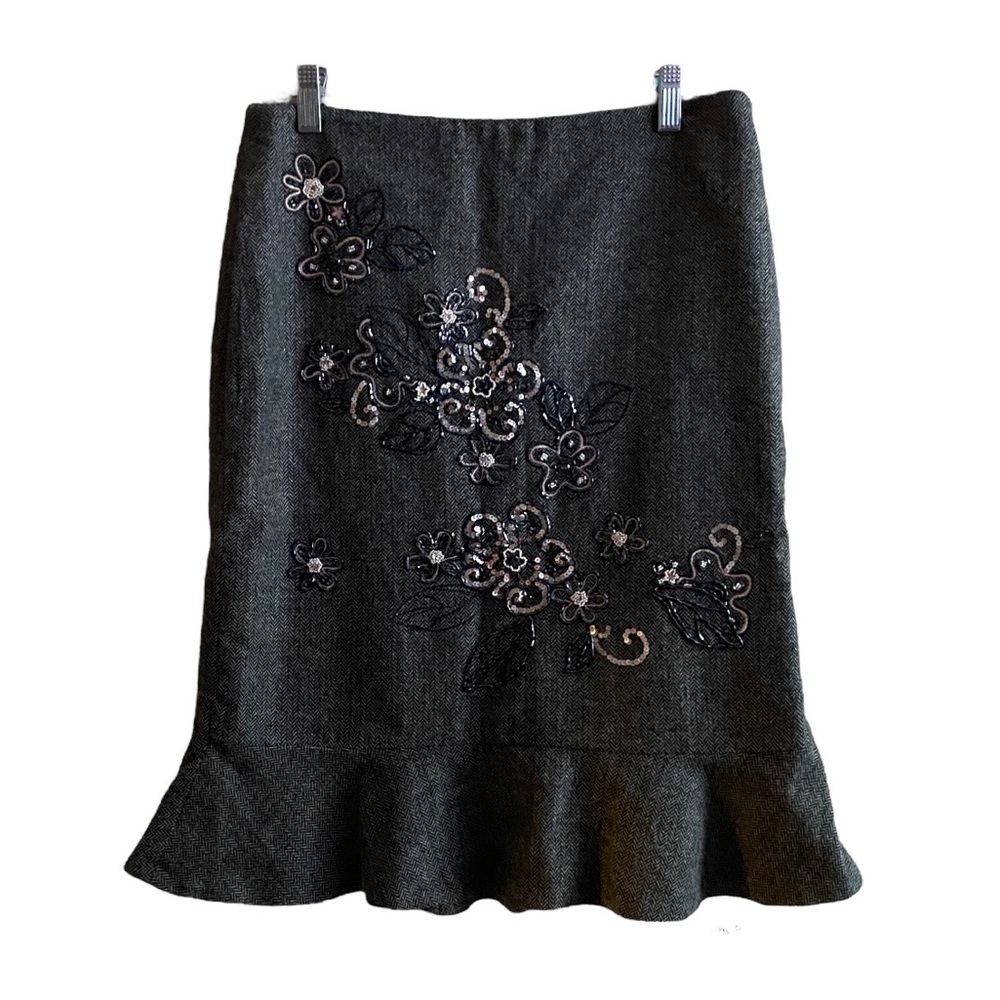 LAUNDRY Fancy Floral Beaded Wool Knit Flared Skirt